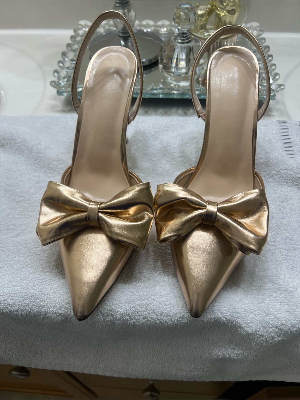 SHEIN Gold Slingback Stiletto Heels with Bow